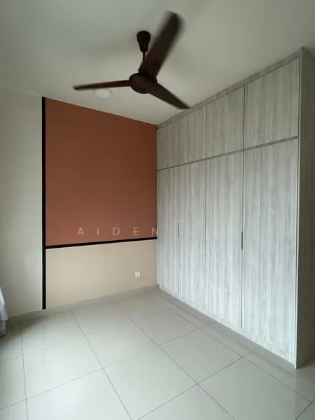 Bedroom features: light-colored wooden wardrobe, cream tiled flooring, orange accent wall, white painted walls, ceiling fan, recessed ceiling light; style: modern.
