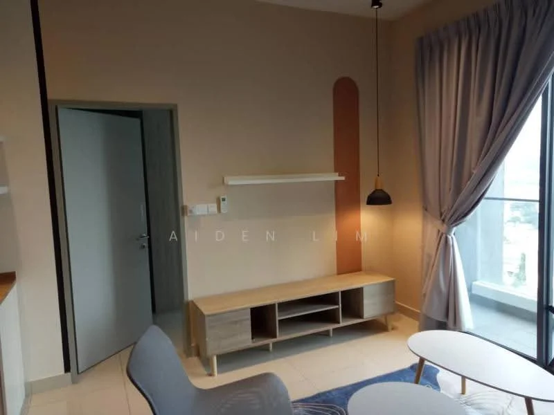 Living features: light grey walls, white ceiling, floor-to-ceiling windows, curtains in light grey, wooden TV console, two round coffee tables, pendant light fixture, grey upholstered chair; style: modern; view: city.