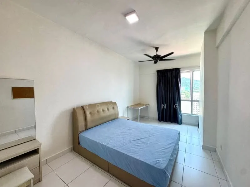Bedroom features: king-size bed with beige upholstered headboard, light blue bed sheet, white painted walls, white tiled flooring, 5-blade ceiling fan with light, floor-to-ceiling window, blackout curtains, study desk, mirror on dresser; style: modern; view: mountain.