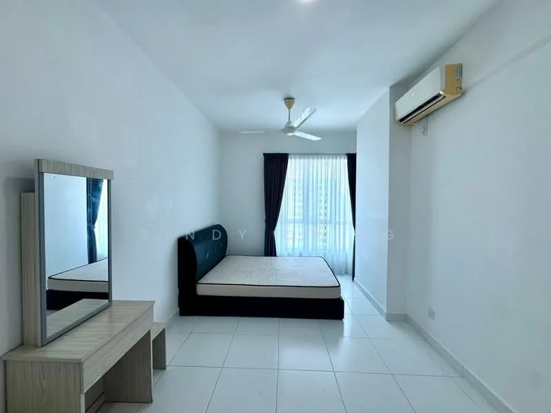 Bedroom features: white painted walls, tile flooring, 5-blade ceiling fan, floor-to-ceiling window, black curtains, mirror with wooden frame, wooden bedside table, wall-mounted air conditioning unit; style: modern; view: city.