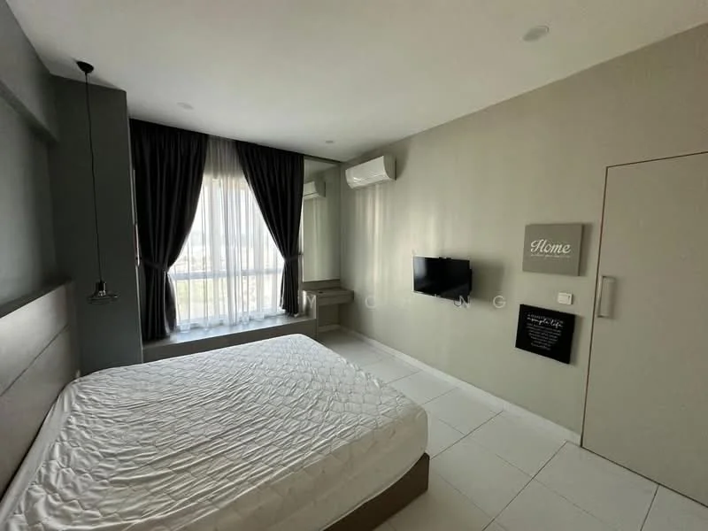 Bedroom features: queen-size bed, white bed linens, floor-to-ceiling windows, blackout curtains, wall-mounted TV, air conditioning unit, built-in wardrobe, light-colored walls, recessed ceiling lights, laminate flooring, decorative wall sign; style: modern; view: garden.