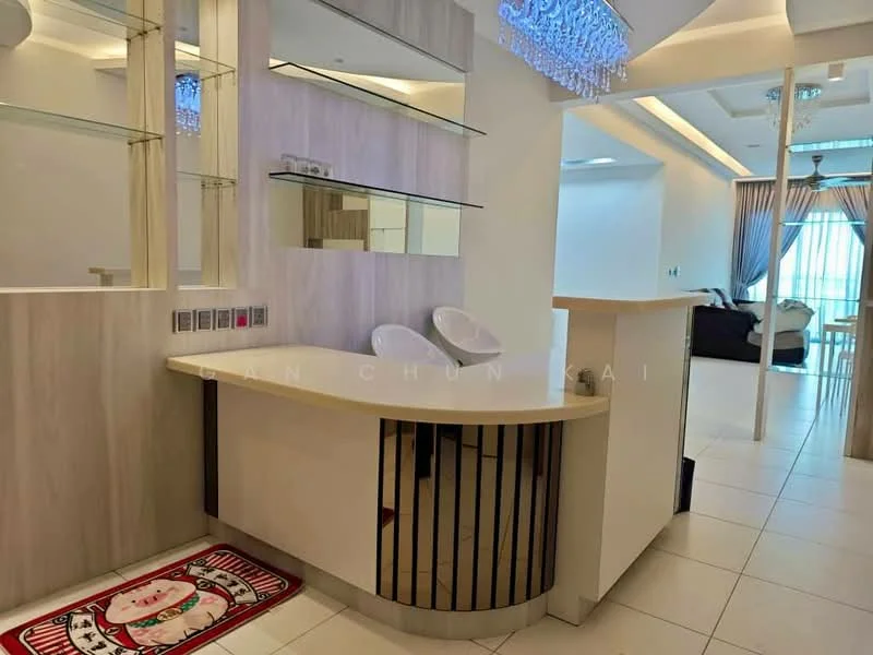 Room features: white countertop, light wood cabinetry, two white sinks, glass shelving, chandelier with crystals, recessed ceiling lights, white walls, cream tiled flooring, decorative rug with pattern; style: modern.