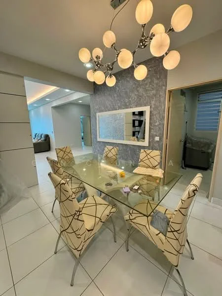 Dining features: glass dining table, 6 upholstered dining chairs with geometric pattern, chandelier with multiple globes, grey accent wall, white painted walls, tile flooring, framed mirror on wall, recessed lighting; style: modern.