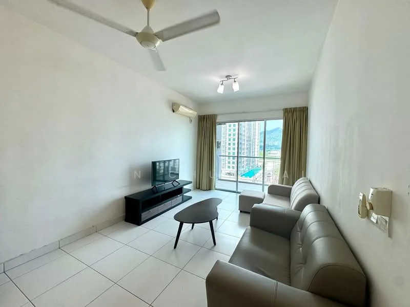 Living features: white painted walls, white ceiling, floor-to-ceiling windows, sliding glass door, curtains, 3-seater fabric sofa in light grey, 2-seater fabric sofa in light grey, coffee table, TV console, wall-mounted TV, ceiling fan, recessed downlights, tile flooring; style: modern; view: city.