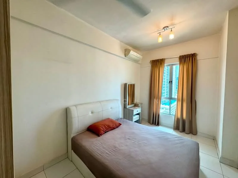 Bedroom features: queen-size bed with beige bedspread, upholstered headboard, 2 bedside tables, table lamp on bedside table, floor-to-ceiling window, curtains in brown, wall-mounted split AC, light fixture with multiple bulbs, white painted walls, tile flooring; style: modern; view: city.