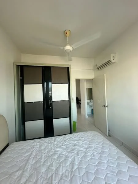 Bedroom features: white painted walls, ceiling fan, wall-mounted split AC, built-in wardrobe with sliding doors, queen-size bed, tile flooring, window with natural light; style: modern.