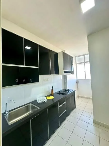 Kitchen features: black cabinetry with glossy finish, white tiled backsplash, stainless-steel single-bowl sink, chrome pull-down faucet, built-in gas hob, stainless-steel range hood, white walls, tile flooring, window with natural light; style: modern.