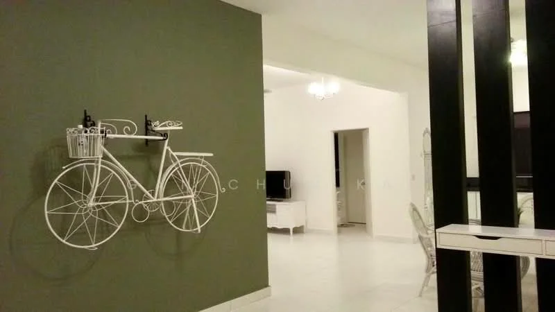 Room features: green accent wall, white painted walls, white bicycle wall decor, white ceiling, chandelier, tile flooring, open space layout, decorative wall paneling; style: modern.