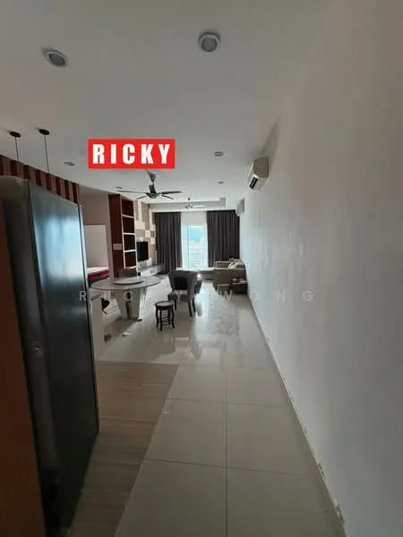 Room features: white painted walls, tile flooring, recessed downlights, ceiling fan, large window with city view, open layout, sofa, dining table, kitchen cabinetry, fridge, air conditioning unit; style: modern; view: city.