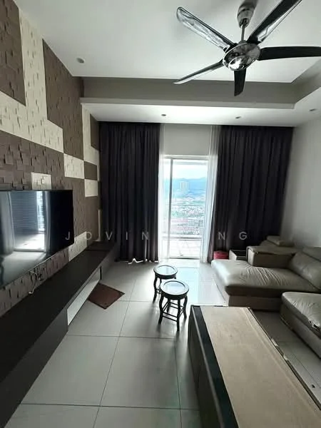 Living features: 3-seater leather sofa, 2 wooden side tables, wall-mounted TV, TV console, ceiling fan with light, floor-to-ceiling windows, grey accent wall, cream painted walls, tile flooring, curtains, decorative wall paneling; style: modern; view: city.