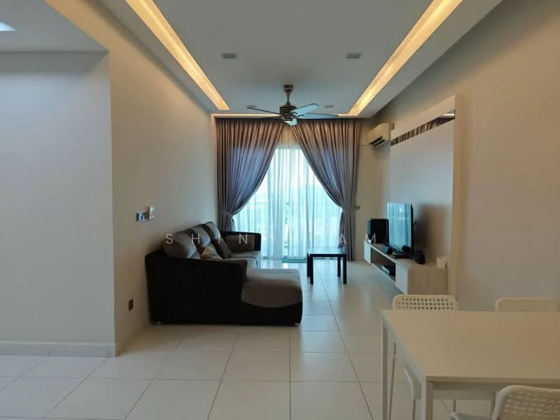 Living features: 3-seater fabric sofa in grey, coffee table, wall-mounted TV, TV console, floor-to-ceiling windows, sheer curtains, recessed downlights, ceiling fan, white painted walls, tile flooring, area rug, decorative wall panel; style: modern; view: city.