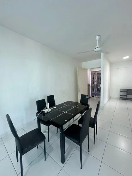 Dining features: black dining table with glass top, 6 black dining chairs, white painted walls, white tiled flooring, ceiling fan, natural light from adjacent room, minimalist decor; style: modern.