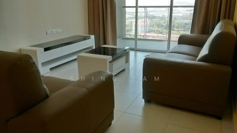Living features: 2-seater leather sofa in brown, 3-seater leather sofa in brown, white TV console, glass coffee table, floor-to-ceiling windows, curtains in beige, tile flooring, city view; style: modern; view: city.