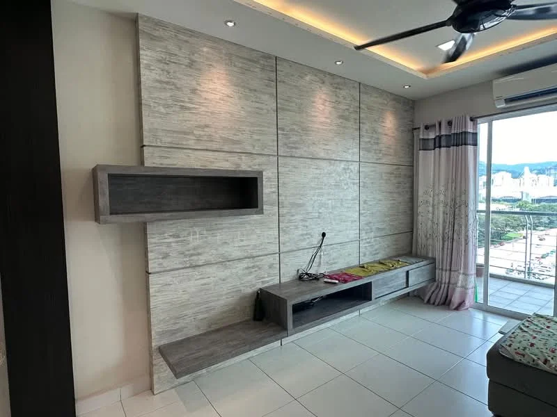 Living features: light grey textured accent wall, built-in TV console with shelving, recessed LED downlights, floor-to-ceiling windows, curtains with floral pattern, white tiled flooring, ceiling fan, sofa, decorative throw pillows, small side table; style: modern; view: city.