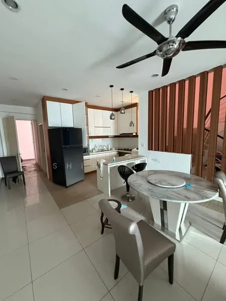 Kitchen features: white cabinetry, black refrigerator, stainless-steel sink, chrome pull-down faucet, marble dining table, upholstered dining chairs, pendant lighting, tile flooring, open layout, wooden feature wall, ceiling fan with light; style: modern.