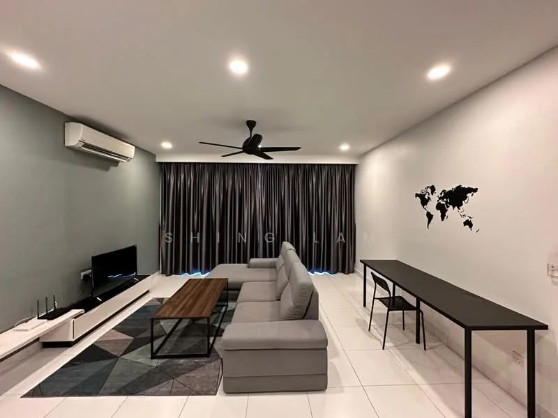 Living features: 3-seater fabric sofa in grey, coffee table with wooden top and black metal frame, wall-mounted TV, TV console, area rug with geometric pattern, ceiling fan with light, recessed LED downlights, floor-to-ceiling windows with grey curtains, white painted walls, white tiled flooring, black dining table with metal legs, decorative wall art with world map; style: modern.