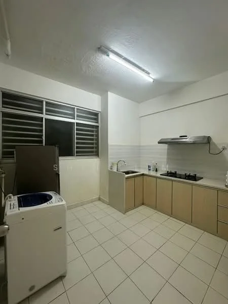 Kitchen features: white tiled flooring, light wood cabinetry, stainless-steel sink, chrome pull-down faucet, built-in stove with stainless-steel range hood, refrigerator, washing machine, window with horizontal slats; style: modern.