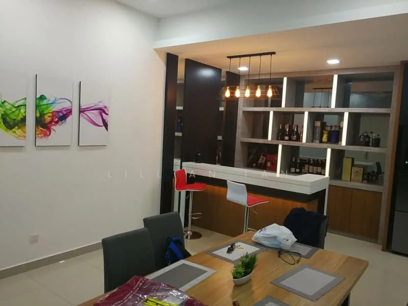 Dining features: dining table with wooden surface, 4 upholstered dining chairs, decorative wall art with colorful abstract designs, pendant lighting with multiple bulbs, open shelving unit with wine bottles, bar counter with high stools, white cabinetry, cream tiled flooring, white painted walls, greenery in decorative pot; style: modern.