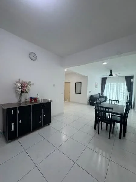 Dining features: white painted walls, white ceiling, recessed downlights, tile flooring, 6-seater dining table, black dining chairs, sideboard cabinet, decorative flowers, wall clock; style: modern. Living features: grey fabric sofa, coffee table, floor-to-ceiling windows with sheer curtains, TV console, wall-mounted TV; style: modern.