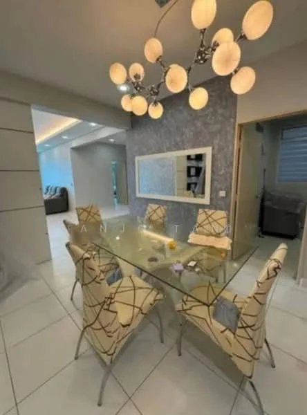 Dining features: glass dining table, 6 upholstered dining chairs with geometric pattern, chandelier with multiple bulbs, grey accent wall, white tiled flooring, framed mirror on wall, recessed lighting, open layout to living area; style: modern.