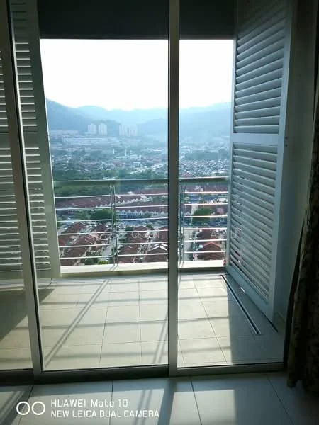 Room features: floor-to-ceiling sliding glass door, balcony with glass railing, ceramic tile flooring, mountain view, city view, shuttered window treatments; style: modern; view: city.