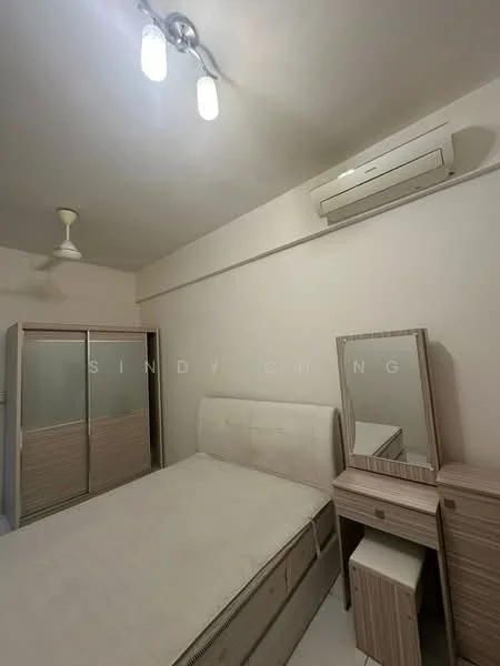 Bedroom features: queen-size bed, upholstered headboard, built-in wardrobe with sliding doors, dressing table with mirror, matching bedside table, ceiling fan, wall-mounted split AC, recessed ceiling lights, white painted walls, laminate flooring; style: modern.
