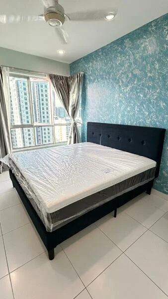 Bedroom features: king-size bed with upholstered headboard, white mattress with protective cover, blue accent wall with textured finish, floor-to-ceiling windows, curtains in grey fabric, white tiled flooring, ceiling fan with light, recessed downlights; style: modern; view: city.