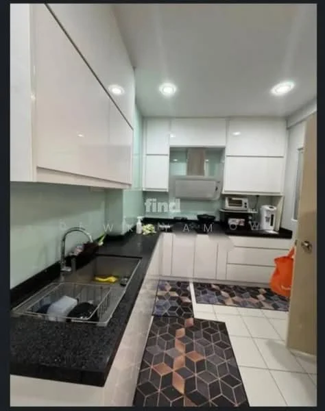 Kitchen features: white high-gloss cabinetry, black granite countertop, single-bowl stainless-steel sink, chrome pull-down faucet, built-in microwave, freestanding range oven, ceramic tile flooring, hexagonal patterned floor tiles, recessed downlights, window with sheer curtains; style: modern.