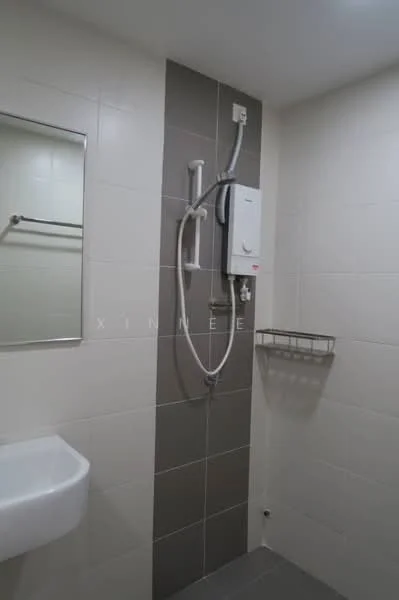 Bathroom features: white tiled walls, grey accent wall, shower with handheld showerhead, wall-mounted water heater, mirror above sink, sink with wall-mounted faucet, metal towel rack, shelf for toiletries; style: modern.