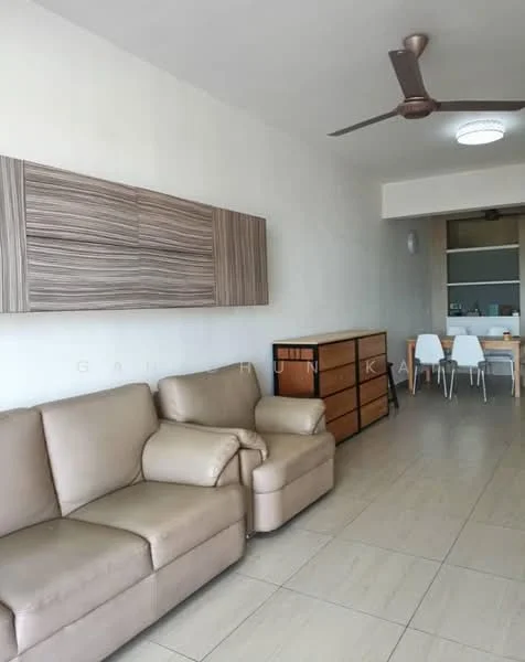 Living features: beige leather sofa, wooden sideboard with drawers, wall-mounted wooden panel with horizontal lines, ceiling fan, tile flooring, recessed ceiling light, open layout to dining area, neutral painted walls; style: modern.