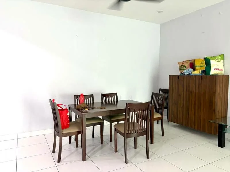 Dining features: 6-seater dining table, wooden dining chairs, white painted walls, tile flooring, ceiling fan, brown wooden cabinet, glass top side table, decorative items on cabinet; style: modern.