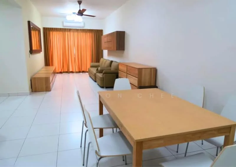 Dining features: 6-seater dining table, white dining chairs, wooden sideboard, light-colored wooden flooring, cream painted walls, floor-to-ceiling windows, sheer curtains, ceiling fan with light, sofa in light brown, wooden TV console, orange curtains; style: modern.