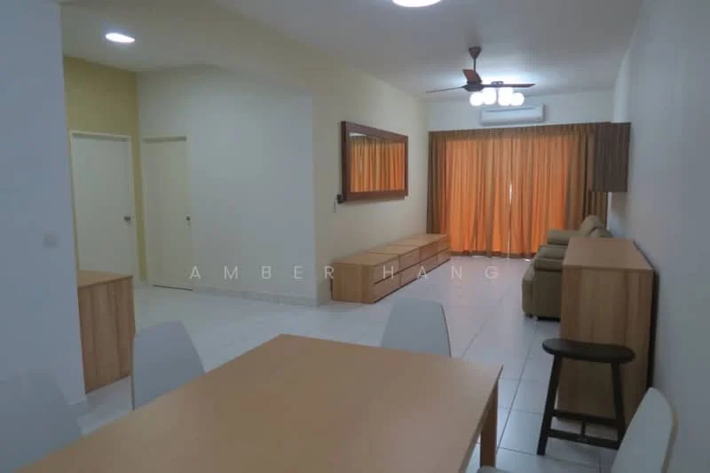 Living features: white painted walls, ceramic tile flooring, recessed downlights, 5-blade ceiling fan, sofa in beige, wooden TV console, large mirror, curtains in orange, coffee table, open shelving unit, dining table with white chairs, stool, window with view to outside; style: modern.