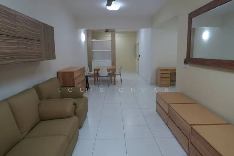 Living features: beige fabric sofa, light-colored tiled flooring, wooden TV console, wooden sideboard, dining table with metal chairs, wall-mounted mirror, white painted walls, recessed ceiling lights; style: modern.