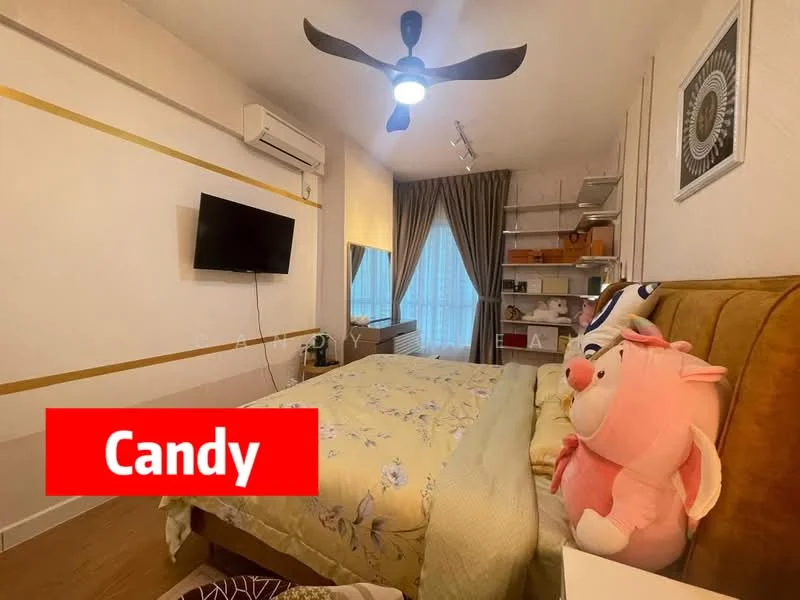 Bedroom features: king-size bed with yellow bedding, upholstered headboard in brown, 2 bedside pillows, ceiling fan with light, wall-mounted TV, air conditioning unit, curtains, wooden flooring, shelf unit with decorative items, decorative wall art; style: modern.