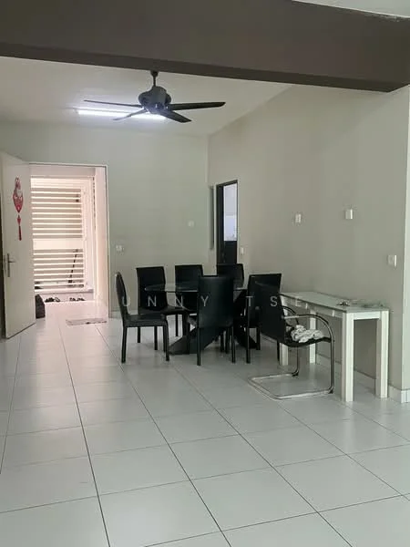 Dining features: 6-seater dining table, black dining chairs, white tiled flooring, ceiling fan, light fixture, neutral painted walls, window with blinds, glass console table; style: modern. Room features: white painted walls, white tiled flooring, doorway leading to another room, visible entrance area.