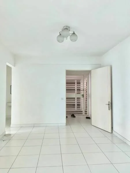Room features: white painted walls, white ceiling, tile flooring, 3-bulb ceiling light fixture, door leading to another room, sliding door, neutral color scheme; style: modern.