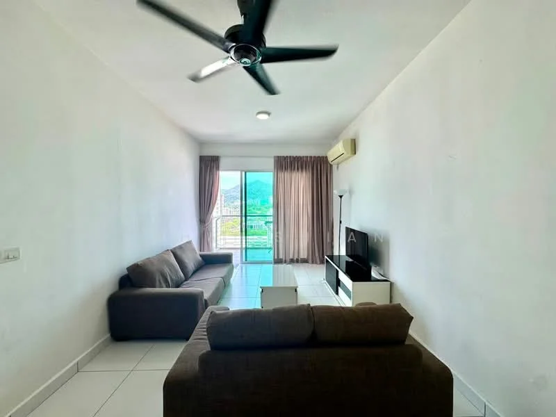 Living features: white painted walls, glossy tile flooring, 5-blade ceiling fan with light, two fabric sofas in brown, glass coffee table, wall-mounted TV, floor-to-ceiling windows, curtains in beige; style: modern; view: city.