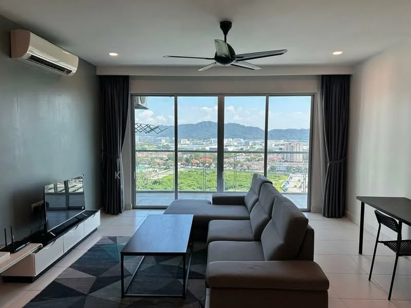 Living features: floor-to-ceiling windows, sliding glass door, grey fabric sectional sofa, coffee table, wall-mounted TV, TV console, area rug with geometric pattern, 5-blade ceiling fan with light, recessed downlights, white painted walls, tile flooring, curtains, mountain view; style: modern; view: mountain.