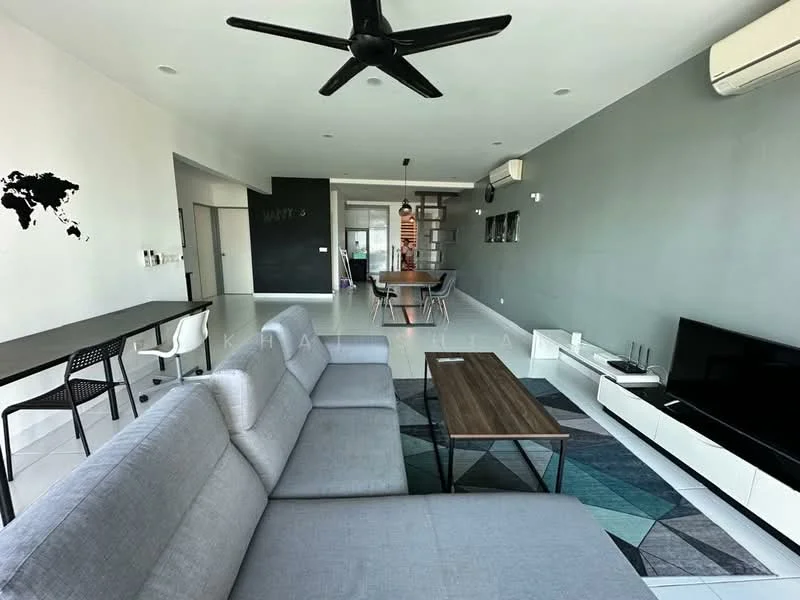 Living features: grey fabric sectional sofa, wood coffee table, wall-mounted TV, white TV console, area rug with geometric pattern, 5-blade ceiling fan, recessed downlights, large windows, light grey painted walls, white tiled flooring, decorative wall with world map, open-plan layout; style: modern. Dining features: 6-seater dining table, black dining chairs, pendant lighting above table, chalkboard wall, open-plan layout; style: modern.