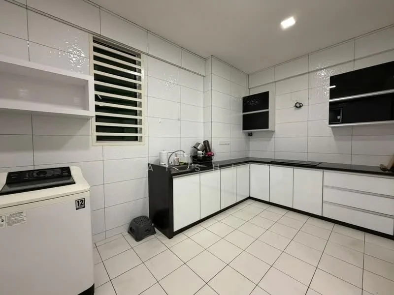 Kitchen features: white tiled walls, black countertop, white cabinetry with flat-panel doors, stainless-steel sink, built-in kitchen cabinet, gas stove with oven, tile flooring, window with horizontal slats, recessed ceiling lights; style: modern.