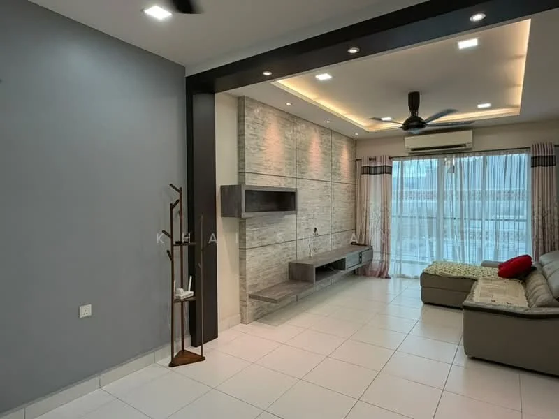 Living features: grey accent wall, light-coloured feature wall with stone cladding, white tiled flooring, recessed ceiling lights, ceiling fan, large floor-to-ceiling windows, sheer curtains, sofa in light grey, TV console, decorative wall shelf, wooden coat rack; style: modern; view: city.