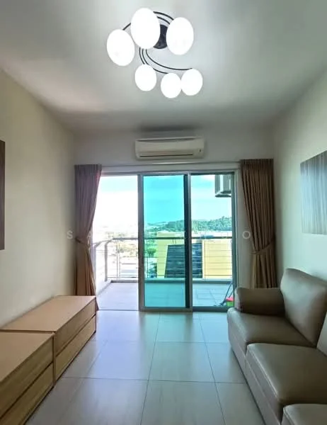 Living features: light fixture with multiple bulbs, wall-mounted split AC, floor-to-ceiling sliding glass door, curtains, cream painted walls, light-colored tile flooring, sofa in beige, wooden storage cabinet, view of outdoor space; style: modern; view: city.