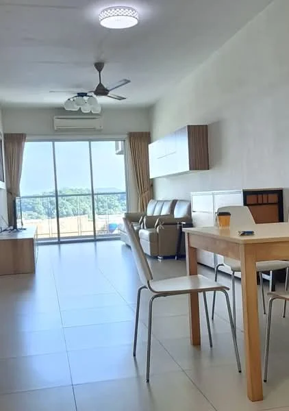 Living features: floor-to-ceiling windows, sliding glass door, 3-blade ceiling fan, recessed downlights, light-coloured walls, cream tiled flooring, sofa in beige, wooden coffee table, TV console, dining table with 4 chairs, curtains, view of greenery; style: modern; view: garden.