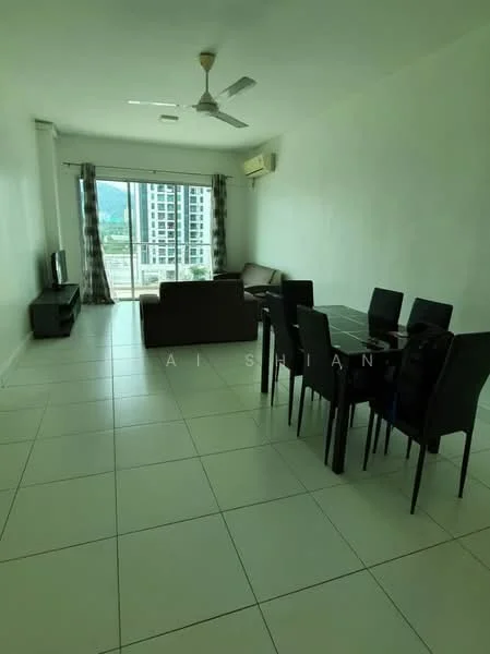 Living features: white painted walls, tile flooring, 5-blade ceiling fan, sofa in brown fabric, coffee table, TV console, wall-mounted TV, dining table for 6, black dining chairs, floor-to-ceiling windows, curtains in grey, air conditioning unit; style: modern; view: city.