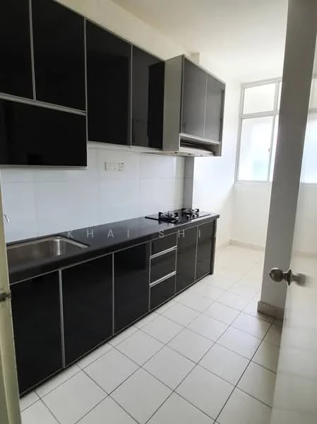 Kitchen features: black high-gloss cabinetry, stainless-steel sink, chrome pull-down faucet, 4-burner gas hob, built-in range hood, white tiled backsplash, white tiled flooring, large window for natural light; style: modern.