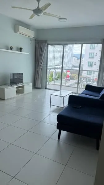 Living features: white painted walls, tile flooring, 5-blade ceiling fan, wall-mounted air conditioning unit, floor-to-ceiling sliding glass doors, curtains, blue fabric sectional sofa, white TV console, wall-mounted shelf, small coffee table; style: modern; view: city.