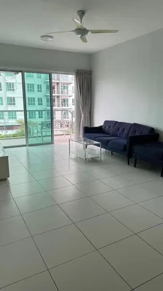 Living features: grey painted walls, white ceiling, 5-blade ceiling fan with light, large sliding glass door, floor-to-ceiling windows, curtains, white tiled flooring, blue fabric sofa, glass coffee table, black armchair; style: modern; view: garden.