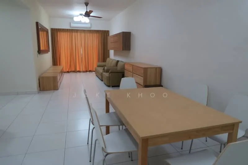 Living features: white painted walls, tile flooring, ceiling fan with light, sofa in beige, wooden coffee table, TV console, wall-mounted TV, dining table with wooden surface, 6 dining chairs, wooden sideboard, curtains in orange, large window, decorative wall unit; style: modern.