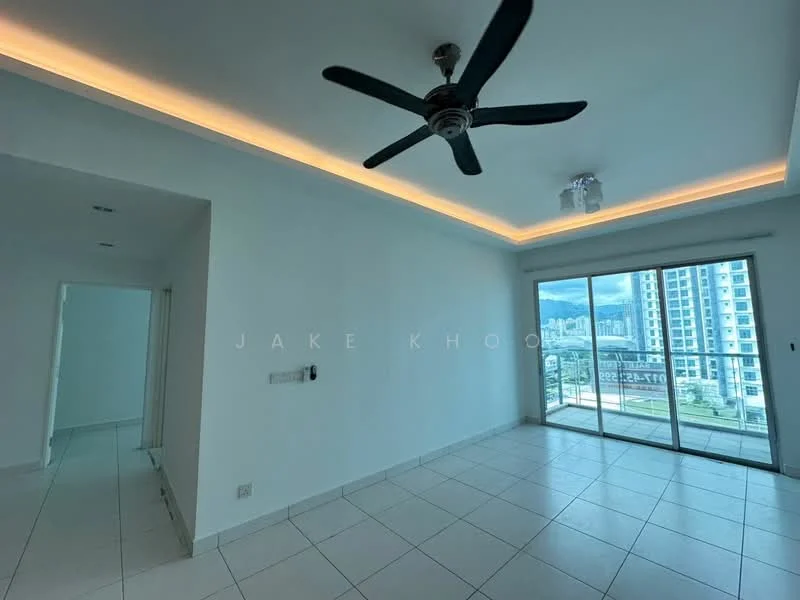 Living features: white painted walls, tile flooring, 5-blade ceiling fan with light, recessed LED strip lighting, floor-to-ceiling sliding glass door, balcony access, city skyline view; style: modern; view: city. Room features: white painted walls, tile flooring.